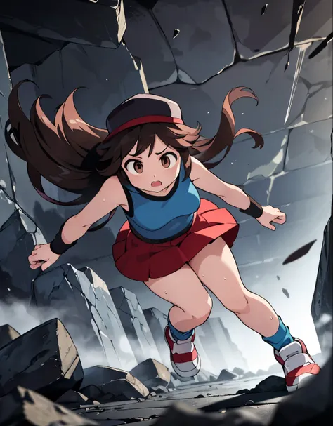 (best quality,4k,highres),(realistic:1.37),(dark,moody:0.9),(intense,high-contrast:1.1),(dramatic lighting,shadowysterious atmosphere), lf,  red skirt,  blue shirt,  sleeveless,  white hat, visible thighs, brown eyes, loose socks, white footwear, upskirt, ...