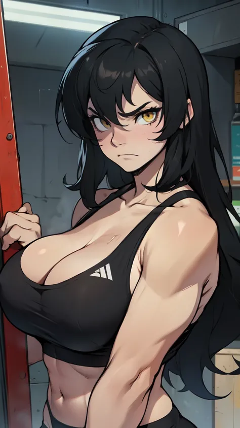 athletic build massive breasts pale skin black hair yellow eyes sad frown long hair