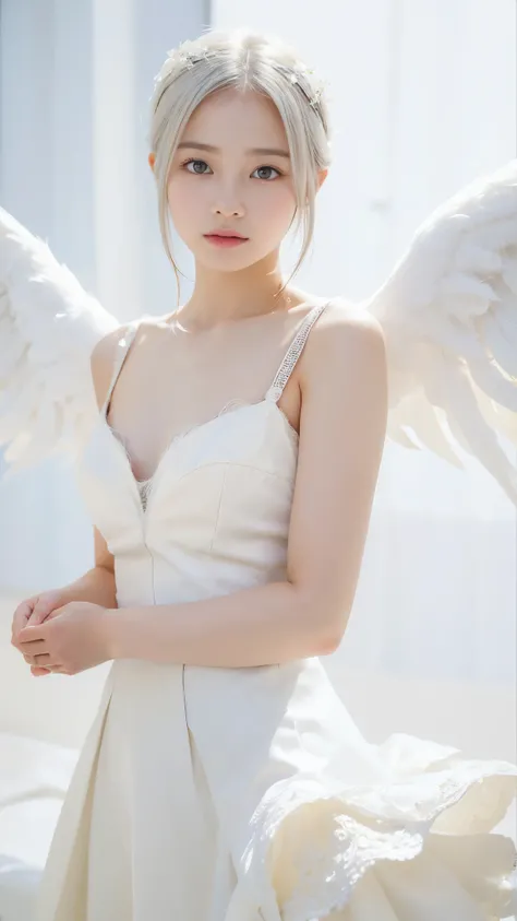 ((highest quality:1.3、8k、masterpiece))、One Girl、Detailed face 1:2、Cute Face、Fine grain、Beautiful woman、Lesbians all over、Angelicales、Angel、White Skirt、White Tops、feather、Gentle light、Light background、Great background、White gold hair、Are standing、((Random s...