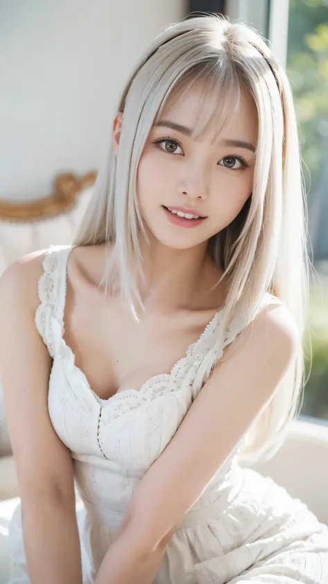 ((highest quality:1.3、8k、masterpiece))、One Girl、Detailed face 1:2、Cute Face、Fine grain、Laughter、Beautiful woman、Lesbians all over、Angelicales、Angel、White Skirt、White Tops、feather、Gentle light、Light background、Great background、White gold hair、Are standing、B...