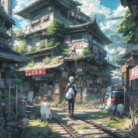 1boy,Mans ,Cyberpunk Boy、Cats ears、silber hair、poneyTail、The beginning of the adventure、Dragon in the sky、during daytime、Into the cloud、ruined and devastated city、Complex Japan buildings、schools、temple、shrines、railroad crossing、Bus stop、Trees、Warm lighting...