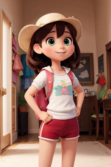 Obra de arte, melhor qualidade, high resolution, extremamente detalhado, fundo detalhado, cinematic lighting, 1 garota, olhando para o espectador, Parque, vestido branco, sunhat, sorriso, wearing mochila randoseru, (mochila randoseru:1.0), standing