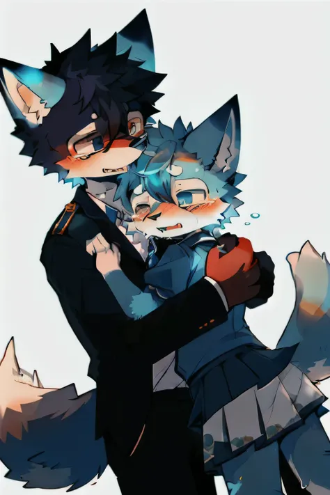 Blue fur, canine, fox motif, girl and boy couple, uniform, crying together, hug, cute 