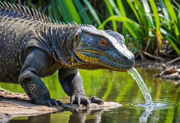 Wildlife photography was taken with a Nikon Z 6II camera with a Nikon NIKKOR Z 24-120mm lens, a rare shot of Varanus komodoensis drinking water on a grassy lake shore, full body, 35 mm., f/3, 1/25 sec., ISO 120