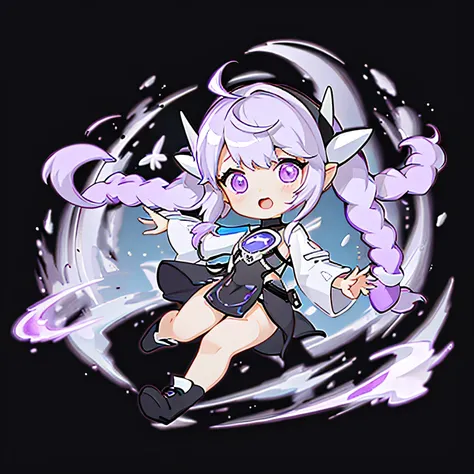 masterpiece, best quality, yinji,(2girls,multiple girls, :1.2),chibi,purple eyes, braid, twin braids, open mouth, ahoge, purple hair, long hair, simple background, boots, bangs, black footwear, dress, full body, horns, looking at viewer, long sleeves, blac...