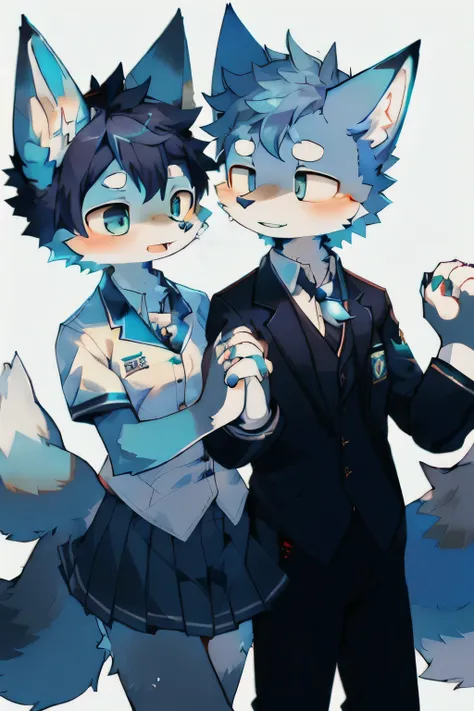 Blue fur, canine, fox motif, girl and boy couple, uniform、Holding hands together 