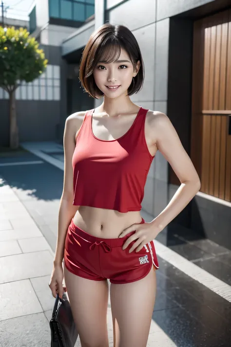 The beauty of 8K raw photos:2.0, Japanese woman, short hair, beautiful face and dark eyes, looking down, looking at the viewer:1.5, big smile, wet hair, tiny top, put hands on the hip, (tank top, red shorts:1.2), shinny skin, realistic:1.9, very detailed, ...