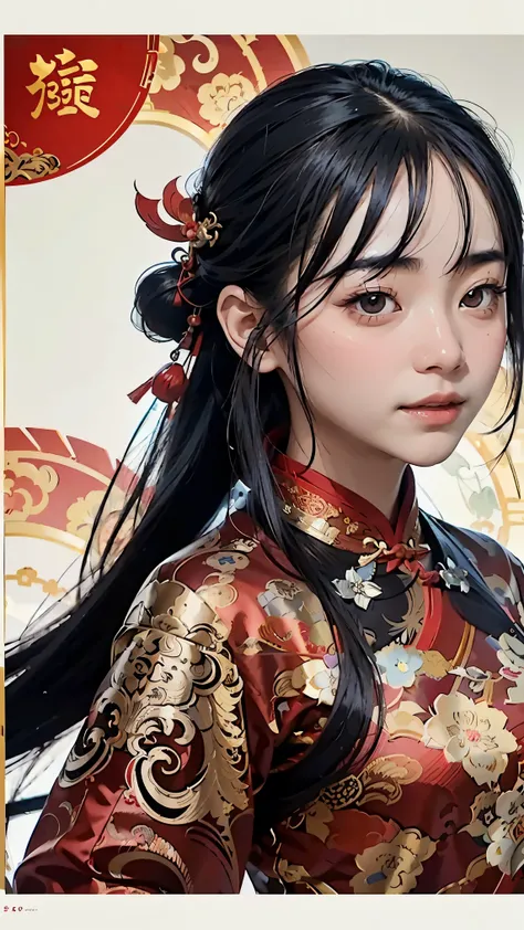 1 girl, woman, handsome, ink, Chinese armor, ((2.5D)), black hair, floating hair, delicate eyes, black and red antique damask Hanfu, fov, (f1.8), (masterpiece), (portrait shot), front shot, white background, (movie poster)