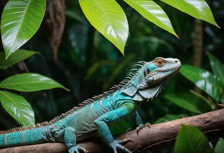 detailed photo of a tropical spike-tailed iguana (uracentron flaviceps) on a rough vine stalk among dark jungle thickets, a trop...