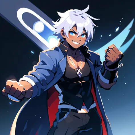 a dark skinned young anime man, side swept silver hair, fiery light blue eyes, producing blue fire out of his fist, wearing a bl...