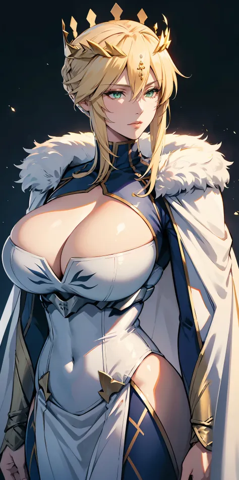 artoria lancer, mature woman, elegant, blonde hair, green eyes, casual clothes, crown, white cape, fur trim, portrait, upper bod...