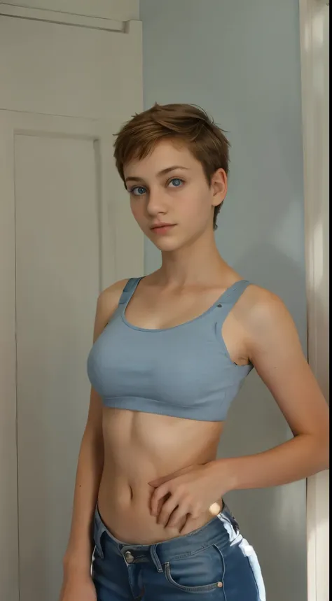 teen boy head on a busty teen girl's body, tomboy pixie cut, blue eyes, slim, thin, skinny, boyish, busty, tomboy, hourglass fig...