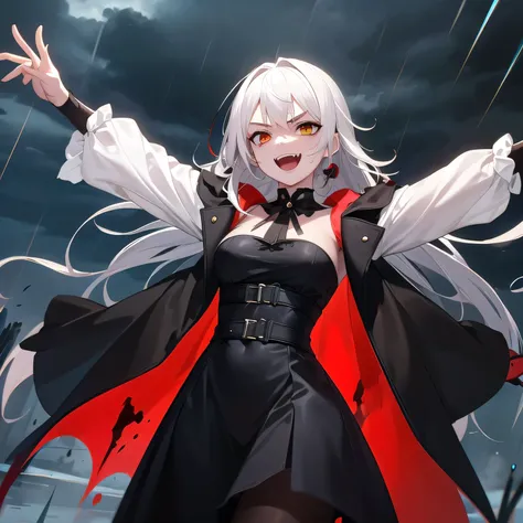 (masterpiece, Best quality, detailed), 1 Girl, One, I look at the viewer, (W3Цири), White hair, green eyes, scar on face, vamptek, blood, vampiric, Red eyes, fangs, Vampire Costume, black raincoat, pale skin, dress, JEWELRY, On open air, lightning, rain, c...