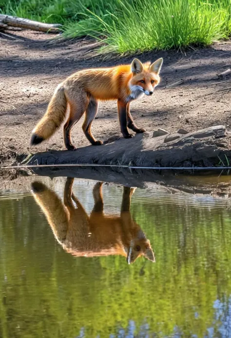 cheerful little fox,(red fox) looks at his reflection in the lake,(Forest Lake),Photorealism, reflection of a little fox in the lake,4k render,HDR,Photorealism,