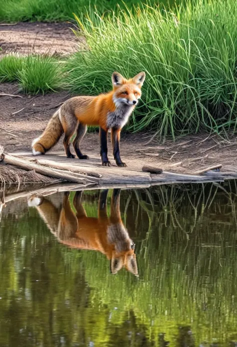 cheerful little fox,(red fox) looks at his reflection in the lake,(Forest Lake),Photorealism, reflection of a little fox in the lake,4k render,HDR,Photorealism,