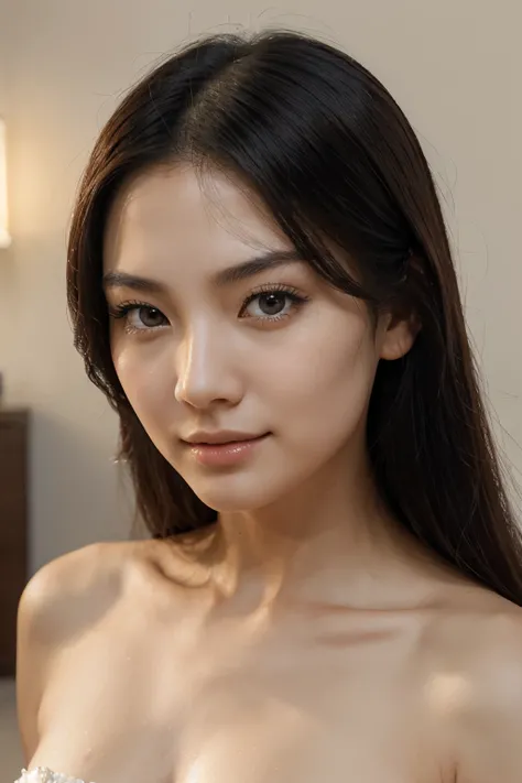 "Generate a hyper-realistic image of an exceptionally beautiful chinese woman. She must have a clearly defined and highly detailed face, characterized by typical chinese women features: large, almond-shaped eyes, small and elegant nose, and full and gently...