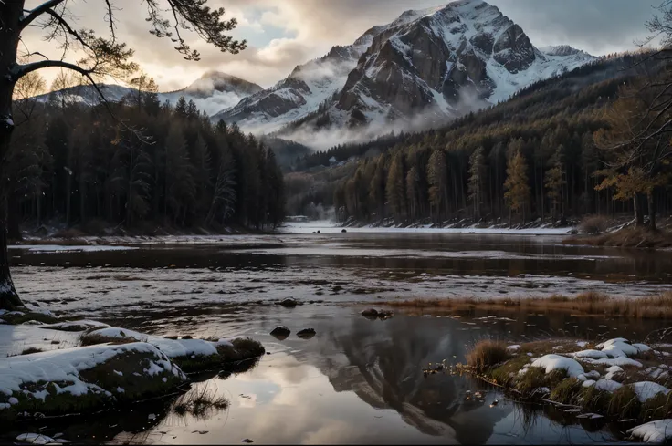 Winter foggy rainy background with beautiful lake wallpaper, high-detail realistic 8k full HD.
