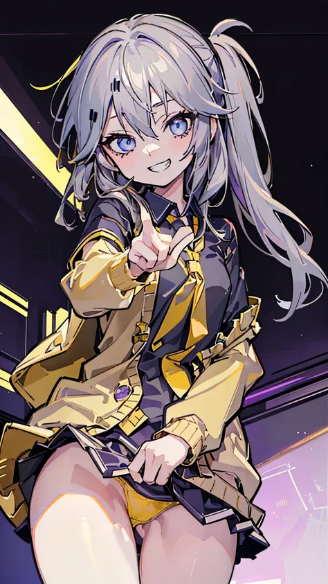 (8k、Best image quality、highest quality、masterpiece)、Detailed face、 1 girl、kasukabe tsumugi、Grey Hair、Side Tail、Light blue eyes、evil smile、((Grin))、Small breasts、((Black Shirt))、Yellow tie、Yellow cardigan、((micro kirt lift))、((purple panties))、Shoot from be...