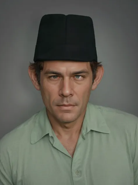 Make this photo look detailed and realistic, arafed man wearing a black hat and grey shirt, 50 years old man, protrait, realistic portrait photo, handsome man, close up potrait, profile portrait, very detailed face, very realistic face, very perfected face...