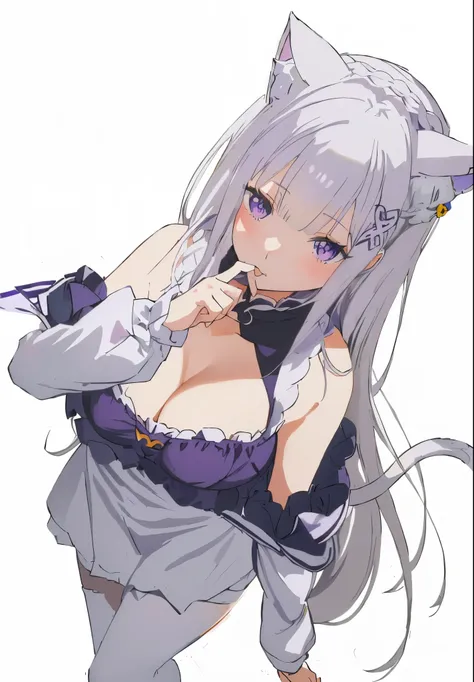 Emilia re:zero, purple eyes, Emilia, crown braid, x hair ornament, flower hair ornament, white hair, long hair, medium breasts, anime girl with cat ears and a black top, anime catgirl, white cat girl, attractive cat girl, cute anime catgirl, nekomimi, cat ...