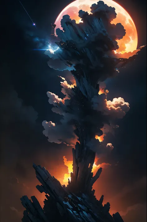 Light, Fantasy world Xin Haicheng, Expansive landscape photography , (view from below，Show the sky above and below), (Full Moon:1.2), ( meteor:0.9), (nebula:1.3), 灯Light, Lots of purple and orange, Intricate details, Volumetric LightingBREAK (masterpiece:1...