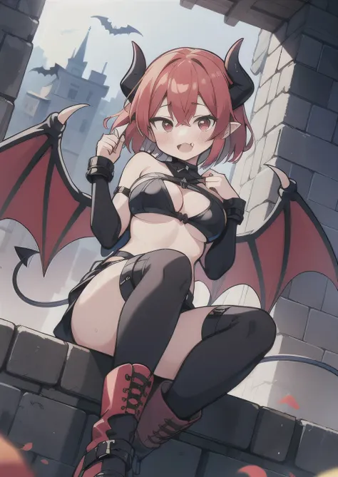 8K, 1girl. petit, teen, kawaii vampire, crimson hair, short hair, red eyes, bat wings, smile, (blush), (shy), fang, boots, looking at viewer,  dynamic angle, wind, game cg, fantastic scenery, demon tail, black horns, lewd, latex, sexy, bondage, succubus, b...