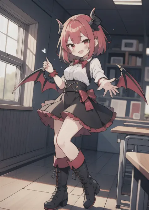 8K, 1girl. petit, teen, kawaii vampire, crimson hair, short hair, red eyes, bat wings, smile, (blush), (shy), fang, boots, looking at viewer,  dynamic angle, wind, game cg, fantastic scenery, demon tail, black horns, in class, big breast, study