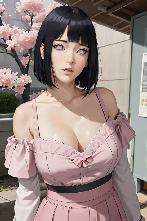 masterpiece, absurdres, hinata(boruto), 1girl, solo,mature female, off-shoulder strap bra, high waist short skirt, looking at viewer, (falling petals), perfect composition, detailed lips, big breast, beautiful face, body propotion, blush, (pink lips), long...