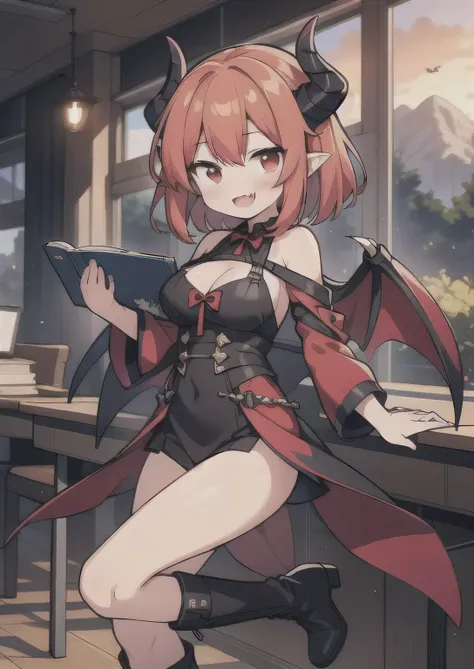 8K, 1girl. petit, teen, kawaii vampire, crimson hair, short hair, red eyes, bat wings, smile, (blush), (shy), fang, boots, looking at viewer,  dynamic angle, wind, game cg, fantastic scenery, demon tail, black horns, in class, big breast, study, full class...