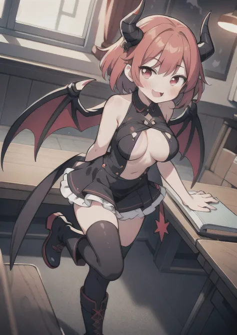 8K, 1girl. petit, teen, kawaii vampire, crimson hair, short hair, red eyes, bat wings, smile, (blush), (shy), fang, boots, looking at viewer,  dynamic angle, wind, game cg, fantastic scenery, demon tail, black horns, in class, big breast, study, full class...