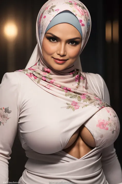 spectacles, ((short hijab)), ((gigantic tits:1.4)), (dynamic photograph of a 58 year old indonesian woman), (slim top, cotton pa...