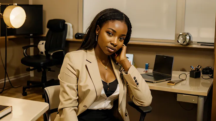 A beautiful African woman sitting down in her office wearing blazers and laptop on the table. Bright office, studio light