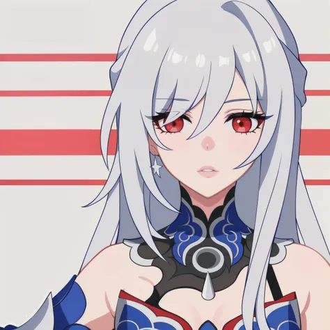 anime girl, curious expression, lips parted, white hair, red eyes, shirt, jing liu, honkai star rail, 1girl, masterpiece, (beautiful and aesthetic:1. 5), thick black lineart, clean lineart, perfect lineart, variable lineart, thick lineart, clean anime outl...