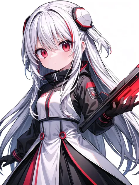 (girl red eyes long white hair), (sci-fi:1.1),(black color guard suit), (white background:1.5)