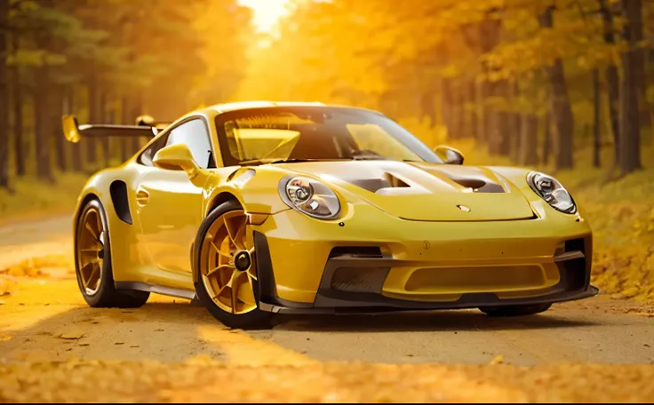 a yellow porsche 911 gt3 ,autumn forest, sunset, leaves falling, first snow