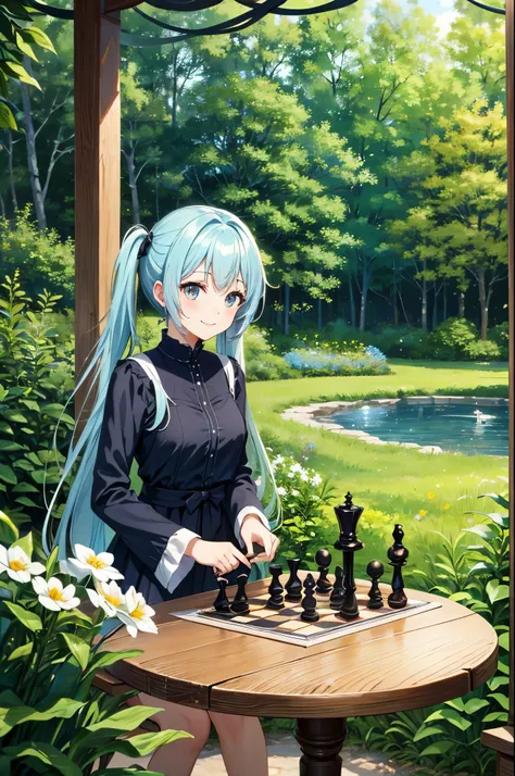 Light blue long hair、Beautiful girl with twin tails、Cafe in a bright forest、A lot of vibrant flowers、The animals are watching、sitting at a table playing chess、Bright smile
