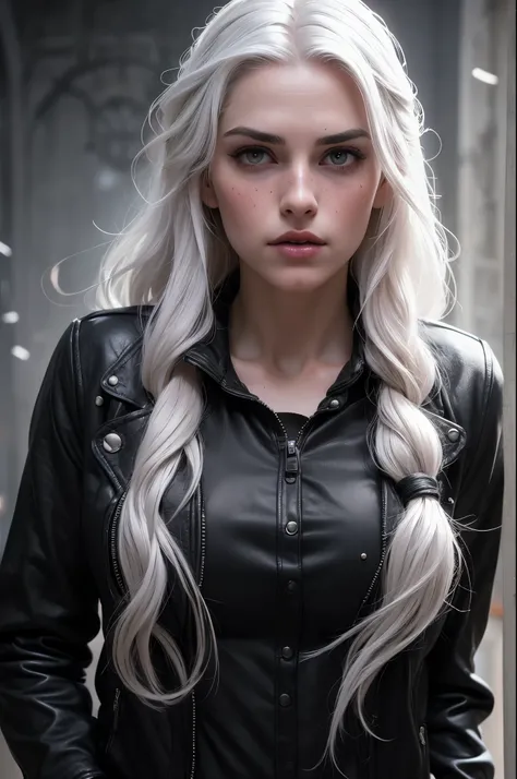 beautiful with long white hair and violet eyes like constellations, parecida com a yennefer do jogo the witcher, athletic body, She wears a black leather jacket and sweatpants..., your face is stained with blood and freckles, Your skin is white, and his ex...