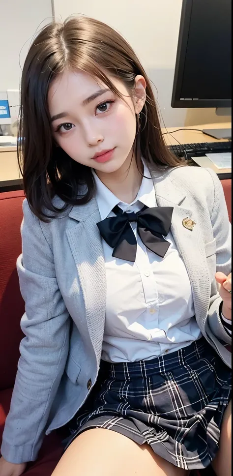 girl with：Im a pretty girl with Brown hair and blue eyes,makeup,18 years old。wearing jk uniform ,pleated skirt,blazer style,,pink bow,。on the desk,lying down,plaid skirt,in office