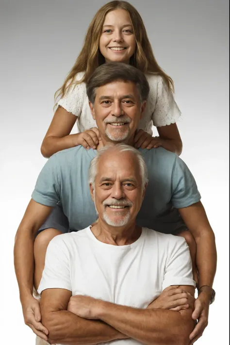 grandfather, father and granddaughter. Masterpiece. High quality. High definition. Studio Light. Natural and expressive smile. 55 year old grandfather. 32 year old son between his grandfather and the girl. 8 year old granddaughter. 4K.