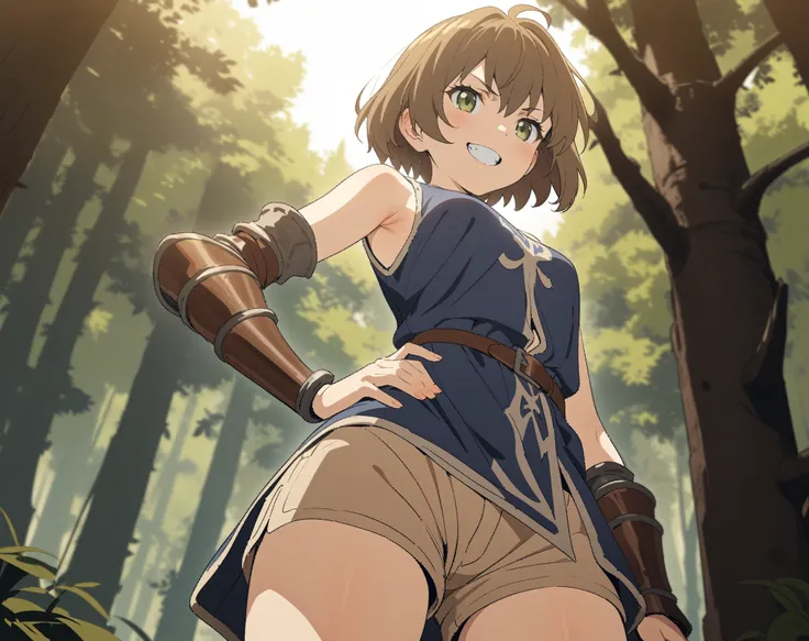 (Masterpiece, best quality, highres) {{Artist: Sincos}} 1 woman, very short, solo, 23 years old, brown hair, short hair, hazel eyes, grin, leather armor, sleeveless, vambraces, blue tabard, beige shorts, low-angle, standing confidently, one hand on hip, ot...