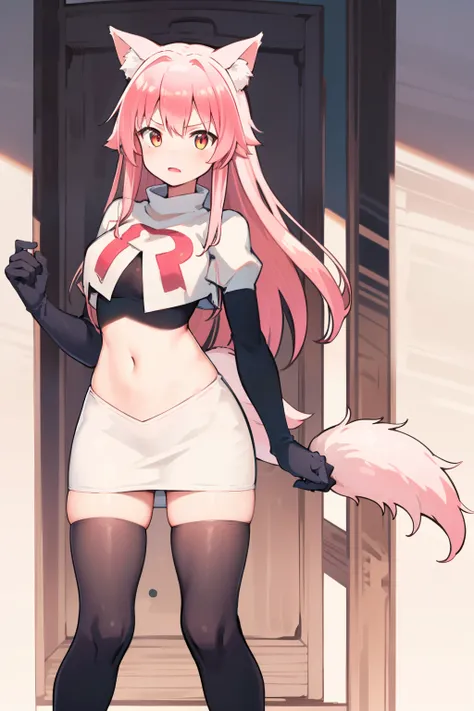 girl, pink wolf ears, pink hair, pink wolf tail, team rocket,team rocket uniform,white skirt,red letter R,crop top,black thigh-highs,black elbow gloves