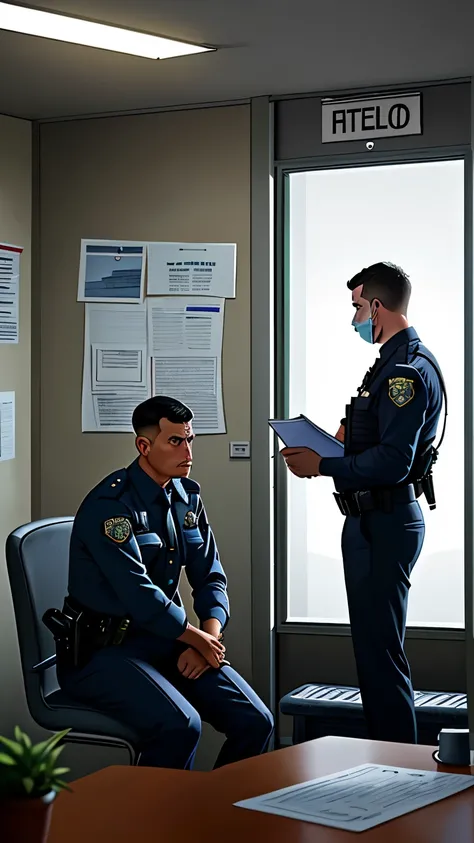  A solemn police station interior with officers offering condolences and assistance to a distraught individual.