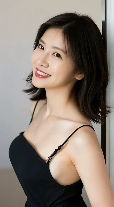 Very Short Hair　　Black Hair　A seductive smile　Skirt　45 years old　Japanese　Plain T-shirt　G-cup breasts　Surreal