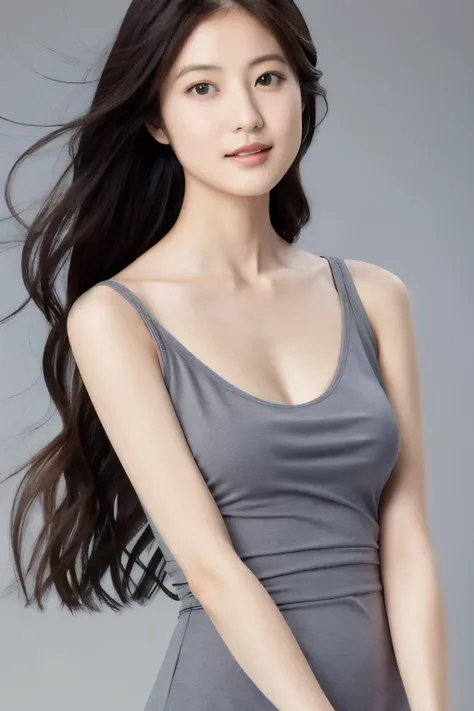 A Japanese lady, skinny figure, small breasts, extremely thin waist, beautiful face, beautiful eyes, natural make up, black long hair, wearing a tight grey dress with an open back design, looking back at your audience, 1girl in, solo, detailed face, detail...