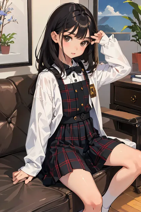 (child)，highest quality，Beautiful face in every detail，cute，Dark brown eyes，(背の低いcute女の子，Small young student，Young delicate girl）,（masterpiece，Top quality)，Black Hair，Sleepy expression，Plaid white skirt