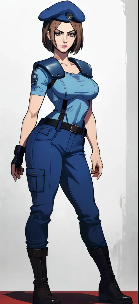 jill valentine, masterpiece, best quality, 1girl, solo, standing, jillre1, beret, uniform, shoulder pads, short sleeves, harness...