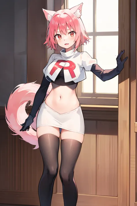 girl, Ranka Ookami,pink wolf ears, pink hair, pink wolf tail, team rocket,team rocket uniform,white skirt,red letter R,crop top,black thigh-highs,black elbow gloves