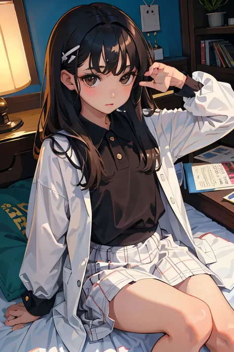 (child)，highest quality，Beautiful face in every detail，cute，Dark brown eyes，(背の低いcute女の子，Small young student，Young delicate girl）,（masterpiece，Top quality)，Black Hair，Sleepy expression，Short sleeve，Plaid white skirt