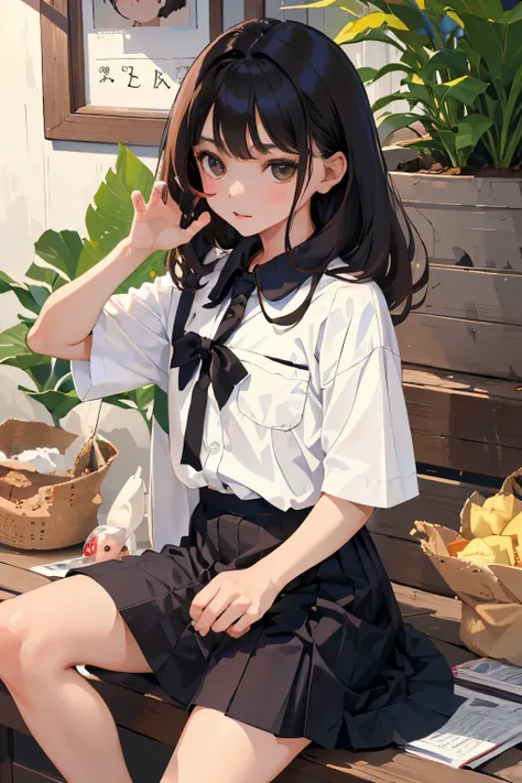 (child)，highest quality，Beautiful face in every detail，cute，Dark brown eyes，(背の低いcute女の子，Small young student，Young delicate girl）,（masterpiece，Top quality)，Black Hair，Sleepy expression，Short sleeve，Plaid white skirt