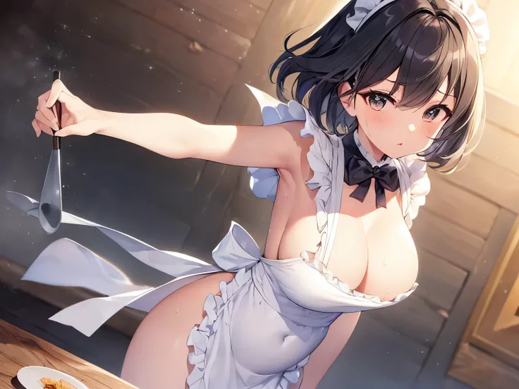 (Tabletop.highest quality).(Black Hair、Bobcut、pregnancy、Naked Apron Knight、Dynamic Low Angle、Hair blowing in the wind、A fluffy apron、My niece on all fours at the old battlefield、She has a gorgeous hammer、beautiful spotlight、Beautiful body、Sweating profusel...